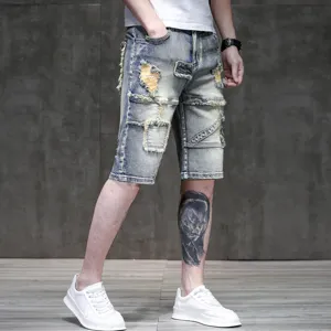 Men's ripped denim shorts summer high street vintage light wash stretch five point pants