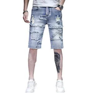 Mens light blue distressed denim shorts, casual ripped retro five-point summer pants.