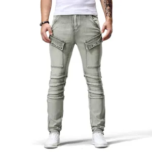 Ανδρικά Slim Fit Biker Jeans Distressed Spliced Skinny Denim Παντελόνια Retro Streetwear Hip Hop Casual