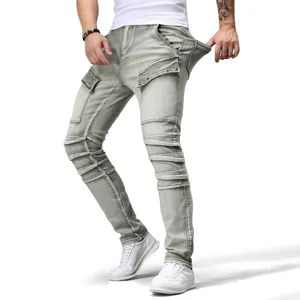 ανδρικό τζιν παντελόνι μοτοσυκλέτας patchwork slim fit σκισμένο μοντέρνο casual στυλ
