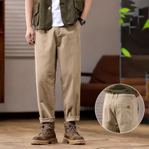 Heren casual losse rechte cargo broek in kaki, premium katoen stretch streetwear