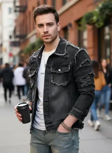 Veste en denim noir delave pour homme avec bords effiloches et poches style streetwear.