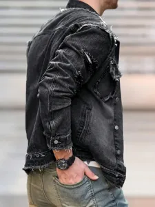 Veste en jean noire effet usee homme vue detail, streetwear decontracte coupe loose oversize.
