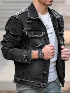 Veste en jean destroy homme streetwear casual lourde ample poches frangées manteau