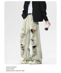 Hombres vintage desgastado lavado baggy jeans streetwear suelto casual pantalones moda.