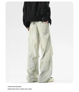 Jeans vintage desgastados de pierna ancha para hombre, pantalones de mezclilla streetwear corte curvo.