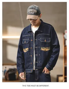 Veste en jean bleu foncé vintage avec patchwork camo vêtement de travail rétro