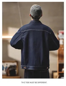 Homme vintage veste en jean bleu foncé décontractée ample manches longues manteau mode