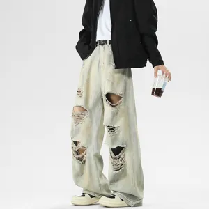 Jeans hombre ancho efecto sucio desgastado streetwear pantalon de denim de moda