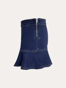 Women's dark blue denim mini skirt with back zipper and ruffled mermaid hemline summer style.