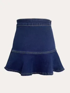 Dark blue denim mini skirt detail, high waist ruffled hem, stretch fabric, casual style.