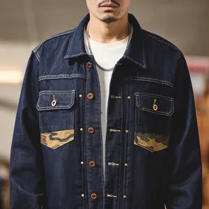 Veste en jean bleu fonce retro pour homme avec poches camouflage vetement de travail casual principal