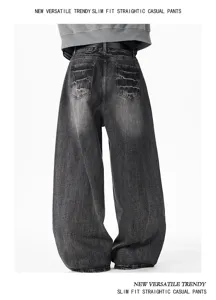 Dark grey washed baggy denim pants featuring distressed back pockets and a relaxed straight fit.