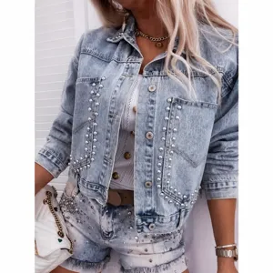 Donna vintage lavaggio chiaro borchie giacca di jeans casual maniche lunghe top corto chic