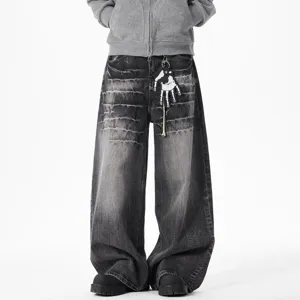 Men Women Washed Distressed Baggy Wide Leg Jeans Black Casual Streetwear Denim Pants