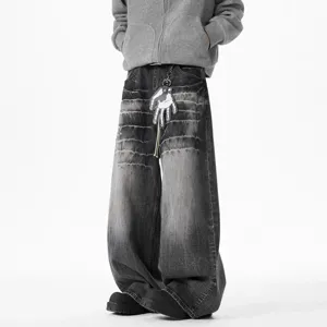 Men Women Vintage Washed Distressed Baggy Loose Wide Leg Black Denim Jeans Pants New