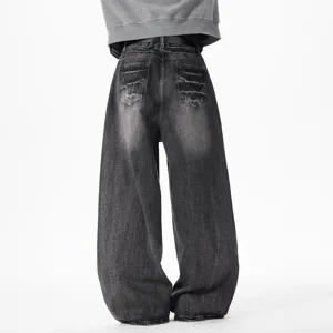 Vintage washed black baggy wide leg denim jeans unisex casual streetwear trousers