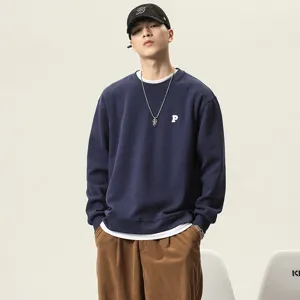 Felpa Pullover Casual Larga Ricamata con Lettere Finto Due Pezzi da Uomo Manica Lunga Girocollo Misto Cotone
