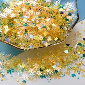 Close-up detail of mixed holographic snowflake and star resin sequins for DIY crafts and filling.