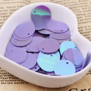 15mm purple holographic round DIY sequins with hanging hole for handmade clothing and crafts.