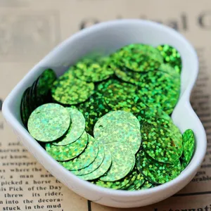 15mm green laser round sequins for DIY clothing decoration, handmade craft accessories detail shot.