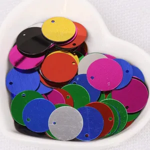 Colorful 15mm round sequins detail shot, laser metallic craft supplies for DIY clothing decoration.
