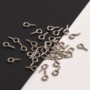 Metal screw eye pins detail shot, silver tone small eyelet screw hooks for DIY crafts