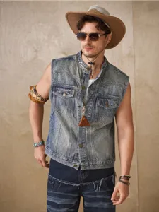 Chaleco vaquero lavado vintage para hombre chaqueta sin mangas estilo urbano casual abrigo