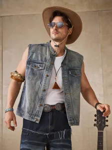 Chaleco vaquero lavado vintage para hombre chaqueta sin mangas estilo streetwear detalle