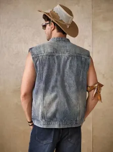 Chaleco vaquero lavado vintage hombre chaqueta sin mangas streetwear urbano vista detallada