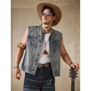 Chaleco vaquero vintage lavado para hombre chaqueta sin mangas streetwear retro cowboy casual