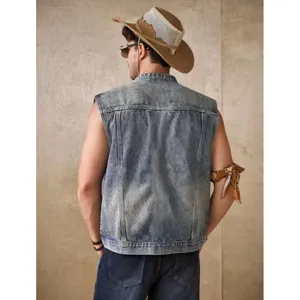 Chaleco vaquero de hombre sin mangas vintage lavado casual streetwear chaqueta azul.