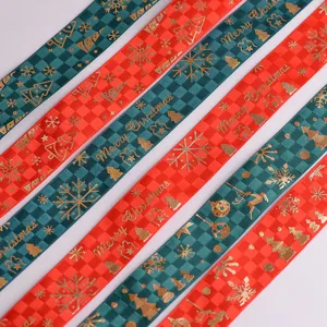 Cinta de terciopelo navideña estampado en oro cuadros cinta grosgrain para envolver regalos DIY