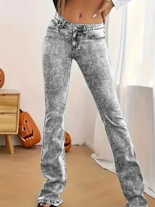 Pantalon Long Évasé Slim Taille Haute Casual pour Femmes Couleur Unie Denim en Coton Extensible