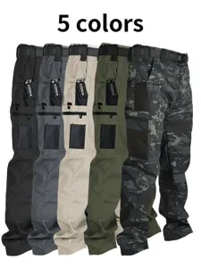 Detailed view of the multi-pocket tactical cargo pants featuring wear-resistant straight fit.