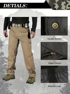 Detailed view of men's tactical cargo pants featuring durable buttons and zipper closure.
