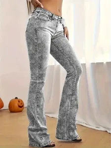 Femme jean flare délavé gris taille haute extensible coupe slim vintage pantalon denim