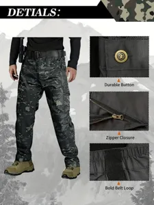 Outdoor tactical cargo pants details showcasing durable metal button and secure zipper closure.
