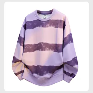 Men's casual purple striped crewneck sweatshirt, loose fit, comfortable long sleeve top.