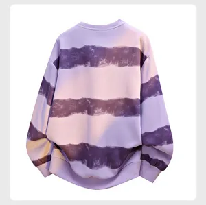 Purple striped crewneck sweatshirt for men, loose casual long sleeve winter pullover top.