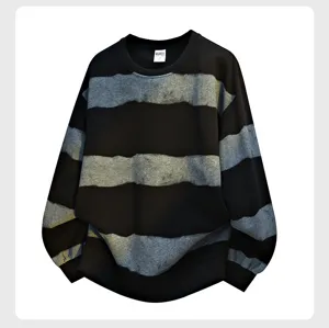 Detailed view of the black and grey striped long sleeve casual sweatshirt garment.