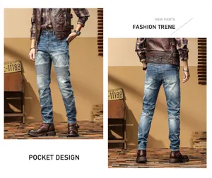 Vaqueros slim de hombre con patchwork y diseño plisado, pantalón casual muy moderno.