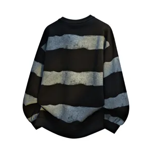 Men's casual oversized crewneck sweatshirt featuring black and grey striped design.