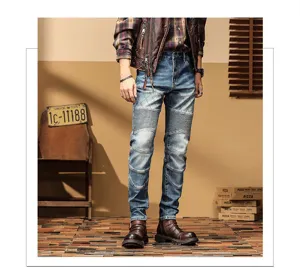 Vaqueros pitillo de moto para hombre con detalles de rodillas plisadas, pantalones de denim.