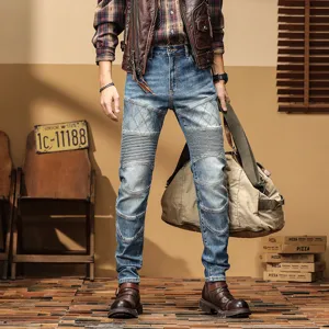 Vaqueros de Moto Slim Fit para Hombre Vintage Lavado Desgastado Patchwork Pantalones de Denim Elásticos Cónicos