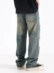 Jean homme decontracté déchiré streetwear vintage pantalon denim droit ample mode top