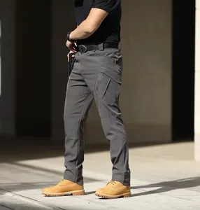 Men's dark grey tactical cargo pants with multi-pockets, ideal for outdoor hiking and adventure.
