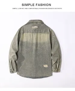 Men's casual vintage washed denim jacket with back distressed details and long sleeves.