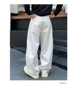 Hommes blanc large jambe jean decontracté pantalon en denim style vibe streetwear
