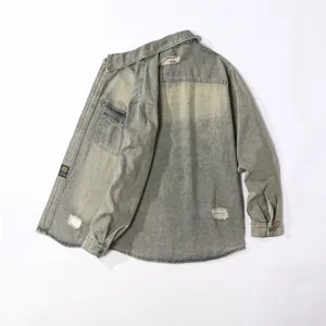 Men's Vintage Washed Denim Shirt Jacket Distressed Casual Long Sleeve Turn Down Collar Utility Outerwear Top